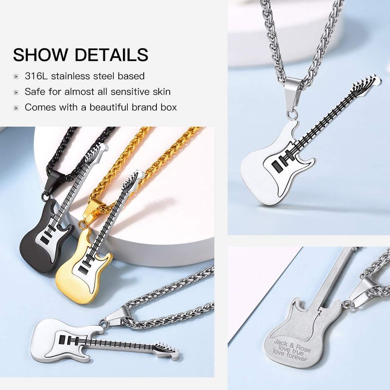 Suplight Silver Electric Guitar Charm for Men Women Rock Punk Music Jewelry Stainless Steel Custom Engrave Guitar Bass Pendant Necklace - Image 5